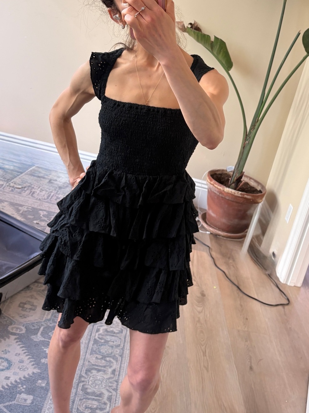 Tularosa Black Smocked Tiered Ruffle Mini Dress